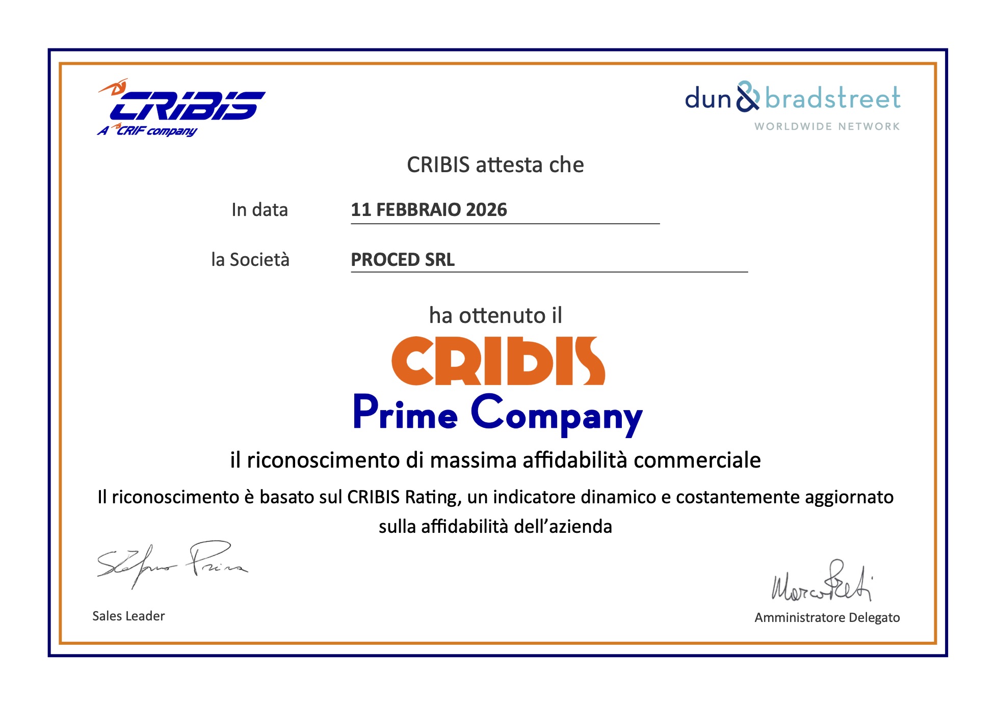 Certificato CRIBIS di massima affidabilitÃ  rilasciato il 26 febbraio 2026